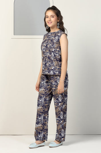 Girls Navy Blue Shukrana All Over Printed Top With Trouser Set