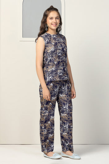 Girls Navy Blue Shukrana All Over Printed Top With Trouser Set