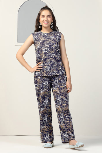 Girls Navy Blue Shukrana All Over Printed Top With Trouser Set