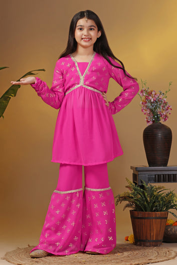 Girls Pink Georgette Printed Empire Waist Kurta With Sharara Set