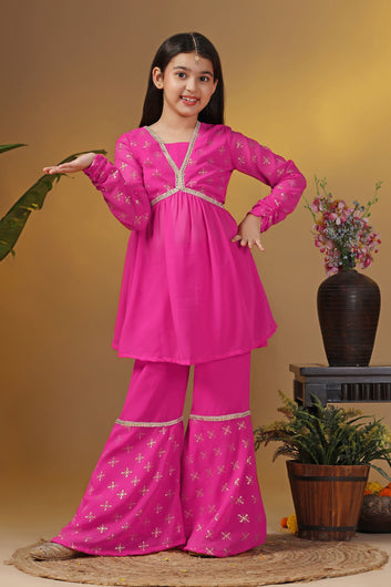 Girls Pink Georgette Printed Empire Waist Kurta With Sharara Set