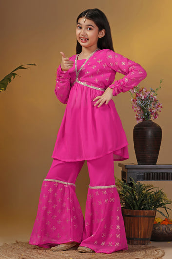 Girls Pink Georgette Printed Empire Waist Kurta With Sharara Set