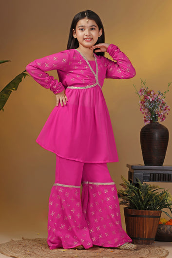 Girls Pink Georgette Printed Empire Waist Kurta With Sharara Set