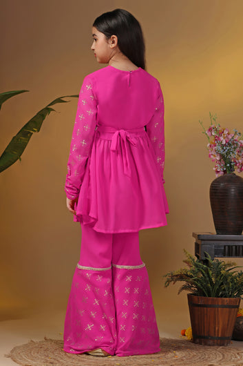 Girls Pink Georgette Printed Empire Waist Kurta With Sharara Set