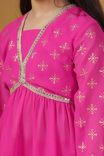 Girls Pink Georgette Printed Empire Waist Kurta With Sharara Set