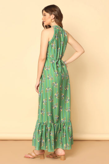 Womens Light Green Crepe Floral Print Ruffle Hem Dresses