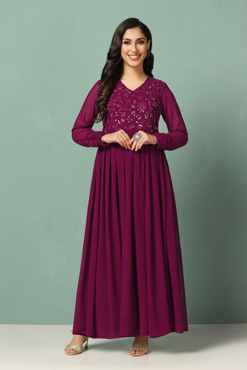 Womens Wine Georgette Embroidery A-Line Maxi Dresses