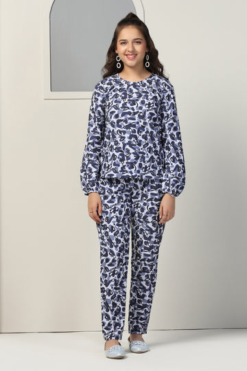 Girls Blue Cotton Blend All Over Printed Top With Trouser Set