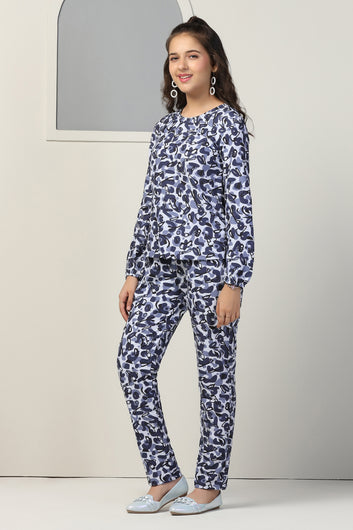 Girls Blue Cotton Blend All Over Printed Top With Trouser Set