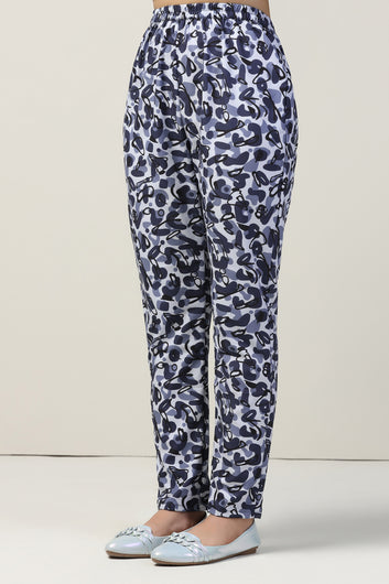 Girls Blue Cotton Blend All Over Printed Top With Trouser Set