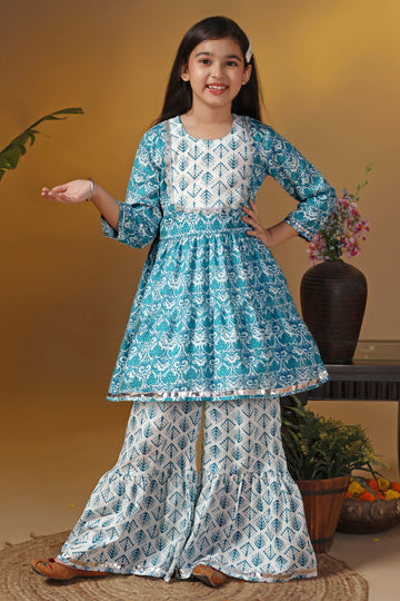 Girls Sky Blue Cotton Ethnic Motif Printed Peplum Style Kurta With Sharara Set