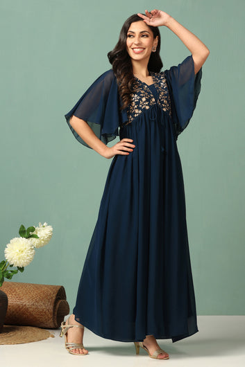 Womens Teal Blue Georgette Embroidered Empire Waist Maxi Length Dress