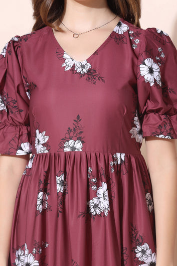 Womens Maroon Crepe Floral Print Tiered Dresses