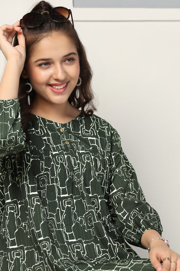 Girls Bottle Green Cotton Blend All Over Printed Top With Trouser Set