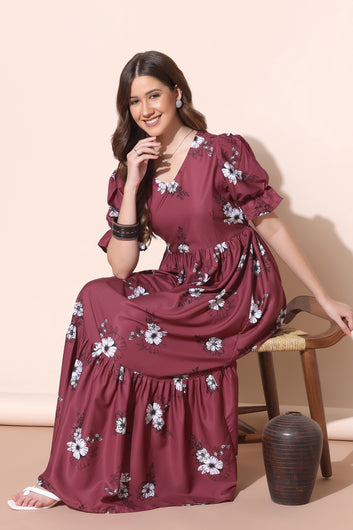 Womens Maroon Crepe Floral Print Tiered Dresses