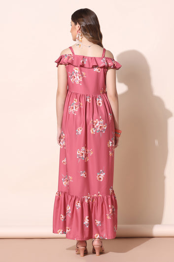 Womens Pink Crepe Floral Print Ruffle Dresses