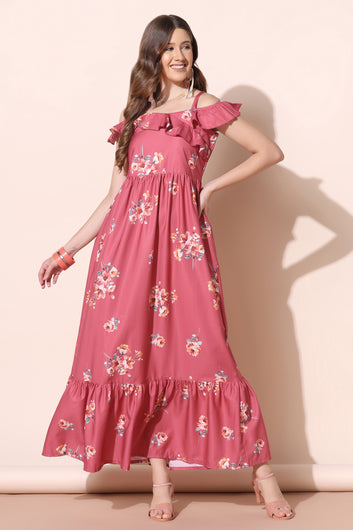 Womens Pink Crepe Floral Print Ruffle Dresses