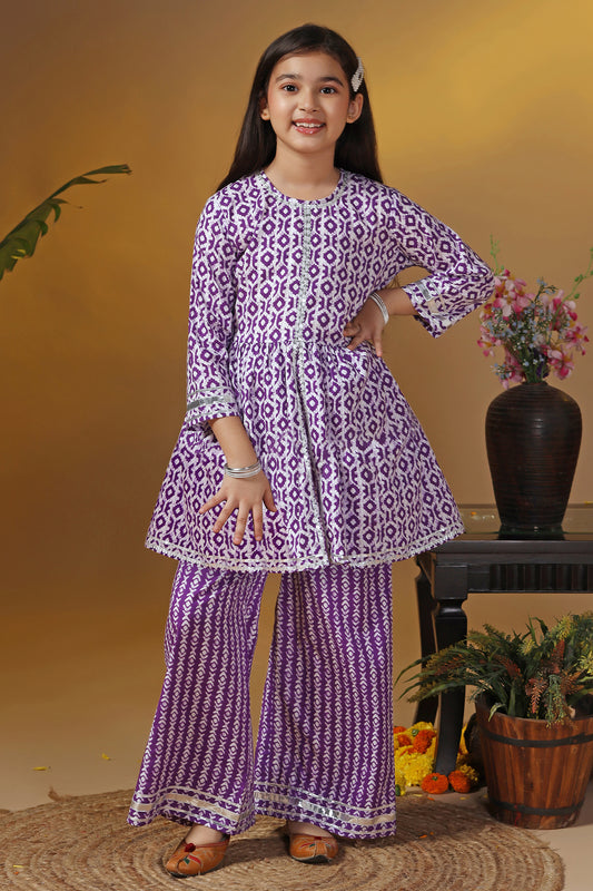 Girls Purple Cotton Printed Peplum Kurta With Palazzo Set