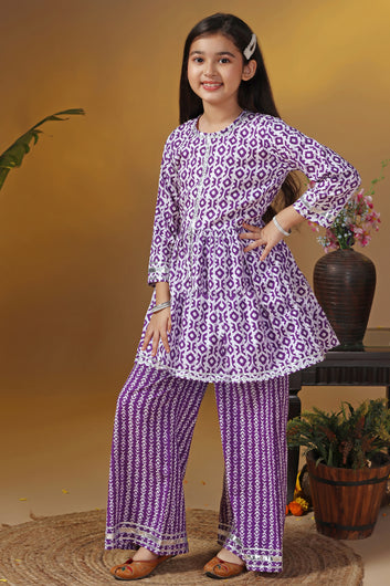 Girls Purple Cotton Printed Peplum Kurta With Palazzo Set