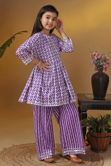 Girls Purple Cotton Printed Peplum Kurta With Palazzo Set