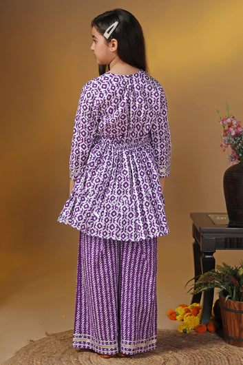 Girls Purple Cotton Printed Peplum Kurta With Palazzo Set