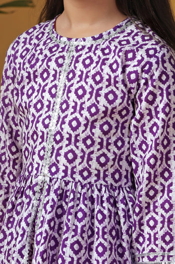 Girls Purple Cotton Printed Peplum Kurta With Palazzo Set