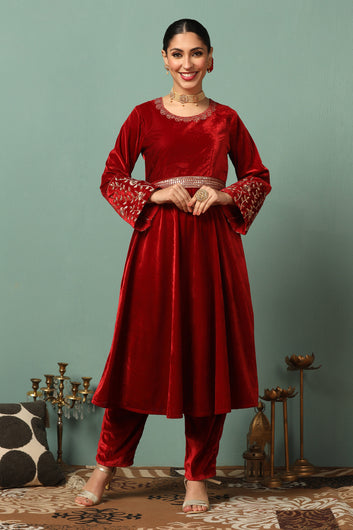 Womens Maroon Velvet Solid Ankle Length Flared Kurta With Trouser Set