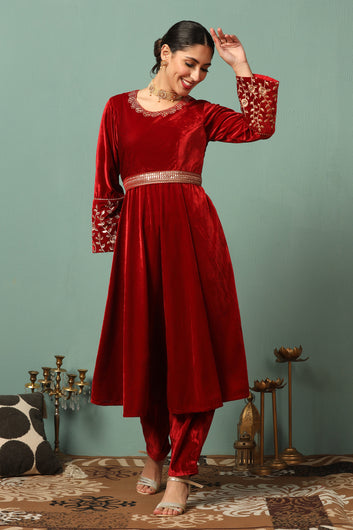 Womens Maroon Velvet Solid Ankle Length Flared Kurta With Trouser Set