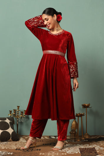 Womens Maroon Velvet Solid Ankle Length Flared Kurta With Trouser Set