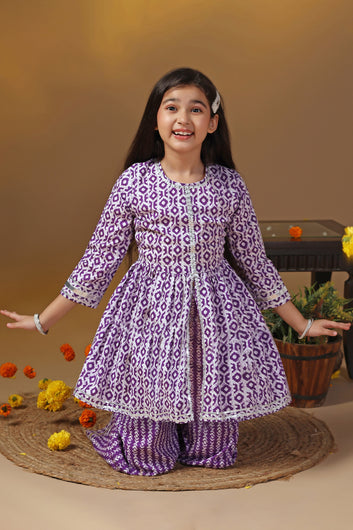 Girls Purple Cotton Printed Peplum Kurta With Palazzo Set