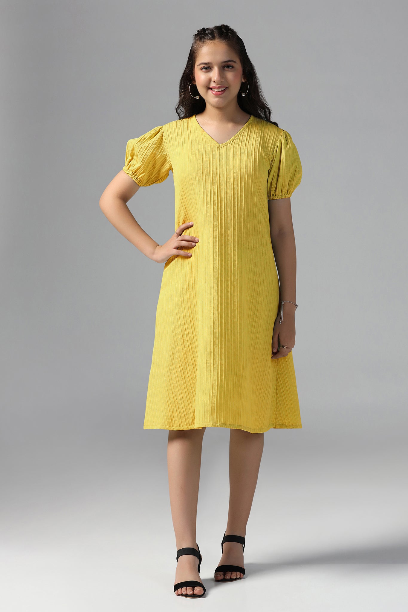 Girls Yellow Cotton Blend Solid Fit & Flare Casual Knee Length Dress