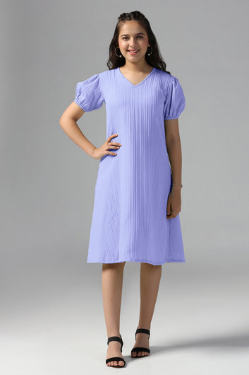 Girls Lavender Cotton Blend Solid Fit & Flare Casual Knee Length Dress