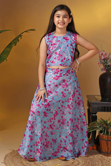 Girls Grey Tabby Organza Floral Printed Lehenga With Choli Set