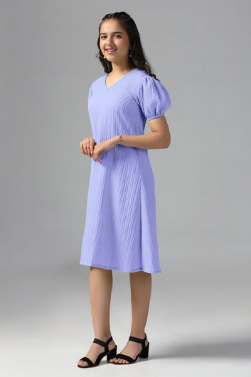 Girls Lavender Cotton Blend Solid Fit & Flare Casual Knee Length Dress