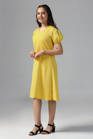 Girls Yellow Cotton Blend Solid Fit & Flare Casual Knee Length Dress