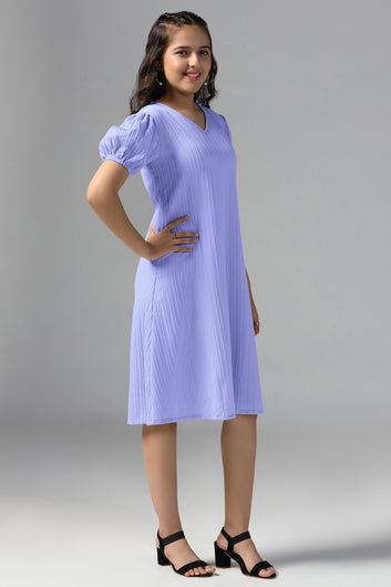 Girls Lavender Cotton Blend Solid Fit & Flare Casual Knee Length Dress