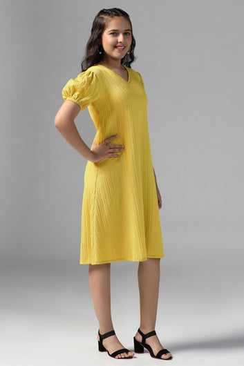 Girls Yellow Cotton Blend Solid Fit & Flare Casual Knee Length Dress