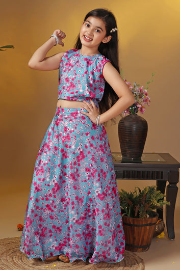 Girls Grey Tabby Organza Floral Printed Lehenga With Choli Set