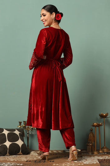 Womens Maroon Velvet Solid Ankle Length Flared Kurta With Trouser Set