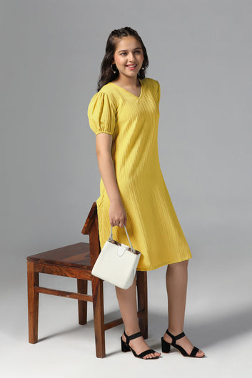 Girls Yellow Cotton Blend Solid Fit & Flare Casual Knee Length Dress