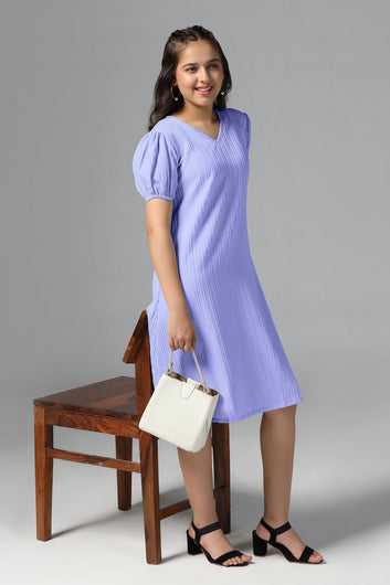 Girls Lavender Cotton Blend Solid Fit & Flare Casual Knee Length Dress