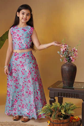 Girls Grey Tabby Organza Floral Printed Lehenga With Choli Set