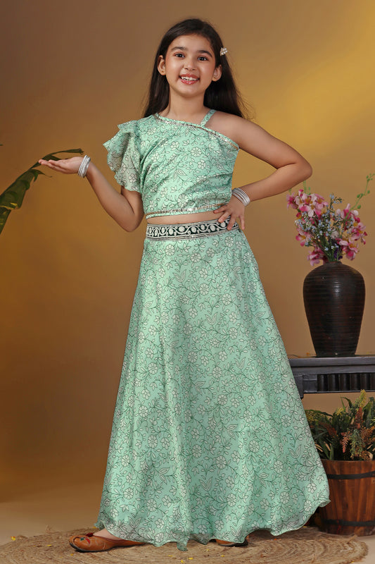 Girls Green Tabby Organza Floral Printed Readymade Lehenga With Choli Set