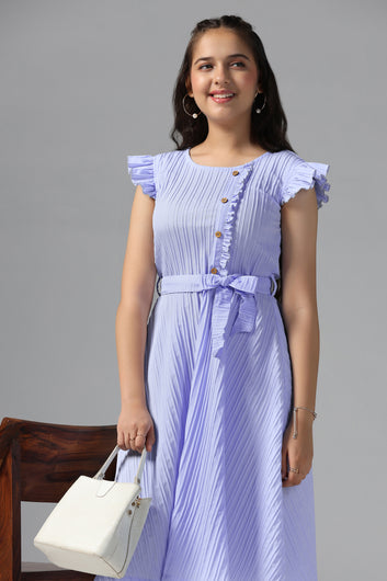 Girls Lavender Cotton Blend Solid Fit & Flare Casual Knee Length Dress