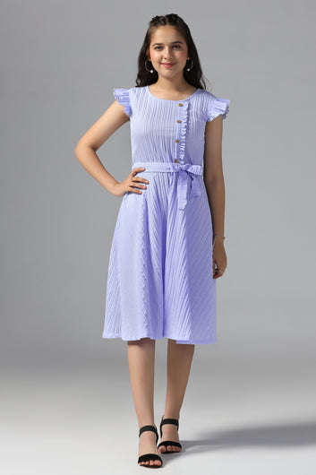 Girls Lavender Cotton Blend Solid Fit & Flare Casual Knee Length Dress