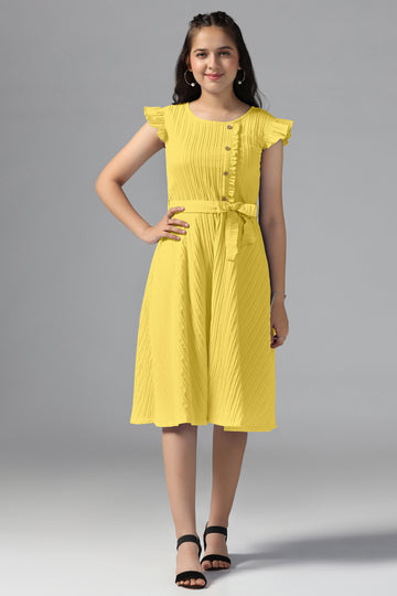 Girls Yellow Cotton Blend Solid Fit & Flare Casual Knee Length Dress