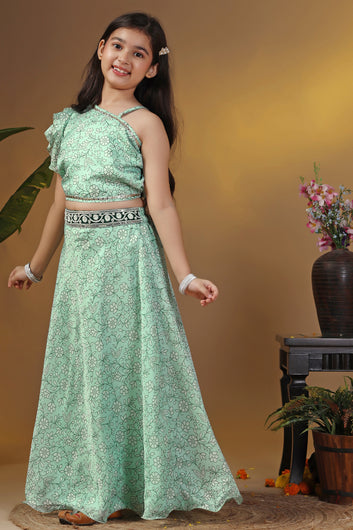 Girls Green Tabby Organza Floral Printed Readymade Lehenga With Choli Set