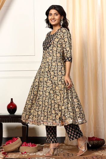 Womens Black Cotton Blend Floral Printed Ankle Length Anarkali Kurta With Pant Set