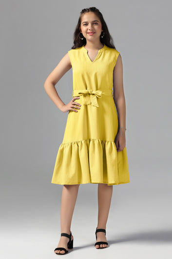 Girls Yellow Cotton Blend Solid Fit & Flare Casual Knee Length Dress