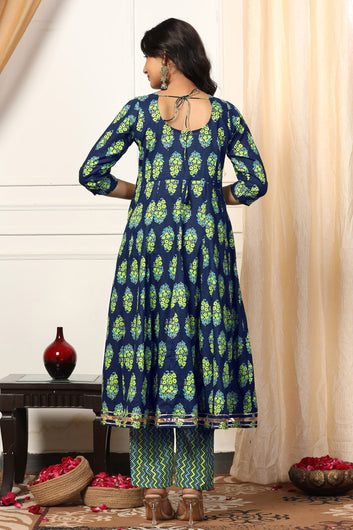 Womens Blue Cotton Blend Floral Printed Ankle Length Anarkali Kurta With Pant Set